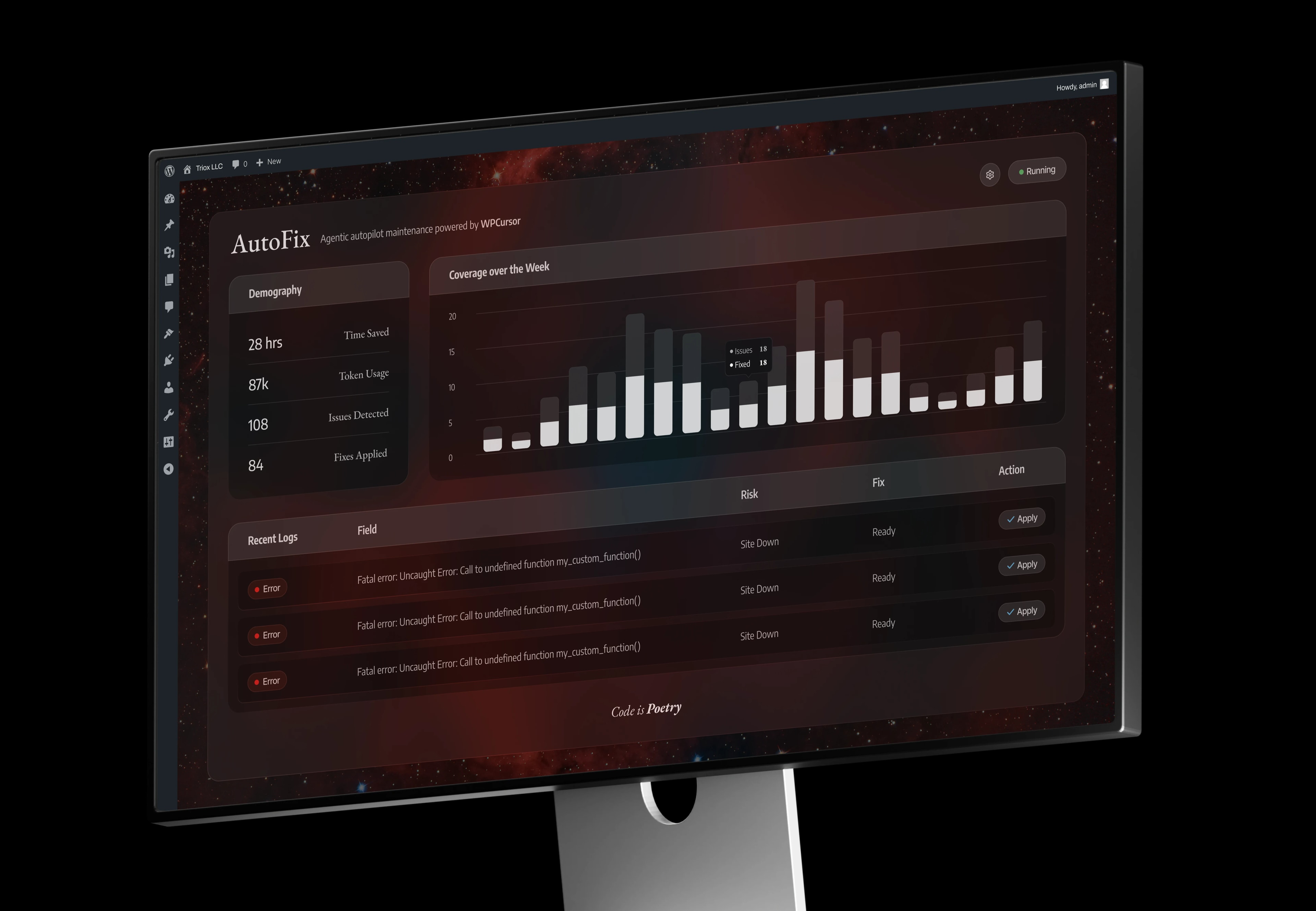 WPCursor Dashboard showing autonomous WordPress maintenance interface with real-time monitoring and AI-powered updates